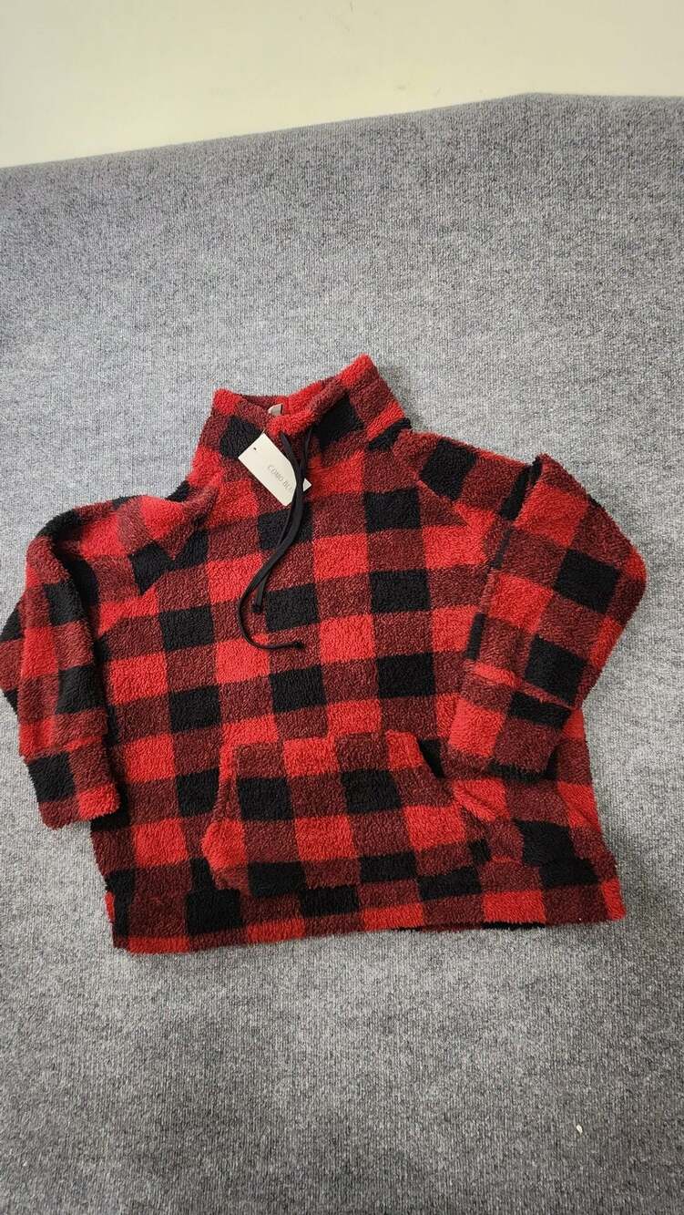 Como Blu Women's 1X Red Black Buffalo Plaid Faux Fur Pullover Hoodie